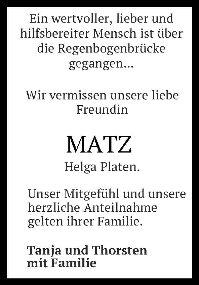  Traueranzeige für Helga Platen vom 03.07.2015 aus Reutlinger Generalanzeiger