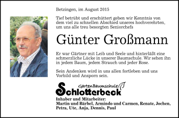 Anzeige von Günter Großmann von Reutlinger Generalanzeiger