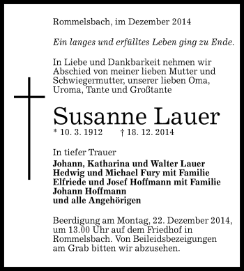 Anzeige von Susanne Lauer von Reutlinger Generalanzeiger