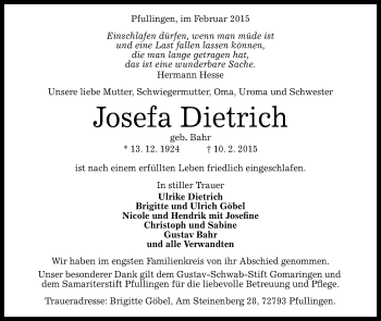 Anzeige von Josefa Dietrich von Reutlinger Generalanzeiger
