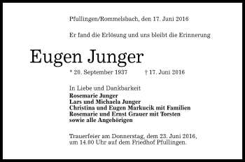 Anzeige von Eugen Junger von Reutlinger Generalanzeiger