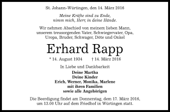 Anzeige von Erhard Rapp von Reutlinger Generalanzeiger