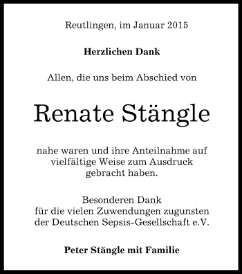 Anzeige von Renate Stängle von Reutlinger Generalanzeiger