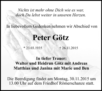 Anzeige von Peter Götz von Reutlinger Generalanzeiger