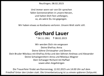 Anzeige von Gerhard Lauer von Reutlinger Generalanzeiger