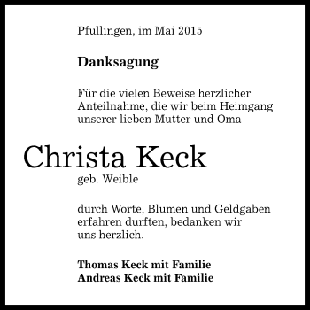 Anzeige von Christa Keck von Reutlinger Generalanzeiger