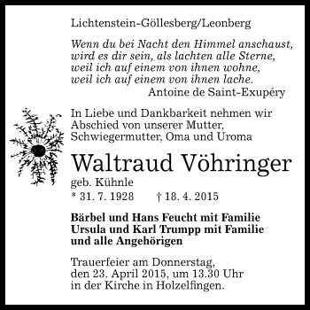 Anzeige von Waltraud Vöhringer von Reutlinger Generalanzeiger