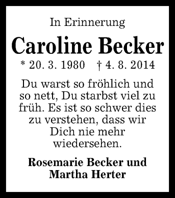 Anzeige von Caroline Becker von Reutlinger Generalanzeiger