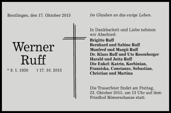 Anzeige von Werner Ruff von Reutlinger Generalanzeiger