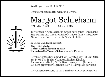Anzeige von Margot Schlehahn von Reutlinger Generalanzeiger