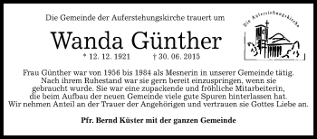 Anzeige von Wanda Günther von Reutlinger Generalanzeiger