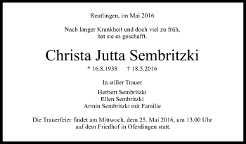 Anzeige von Christa Jutta Sembritzki von Reutlinger Generalanzeiger