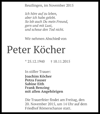 Anzeige von Peter Köcher von Reutlinger Generalanzeiger