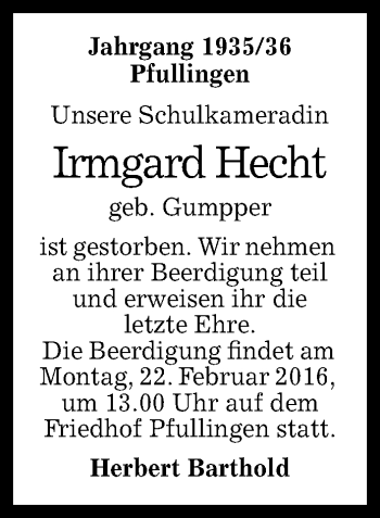 Anzeige von Irmgard Hecht von Reutlinger Generalanzeiger