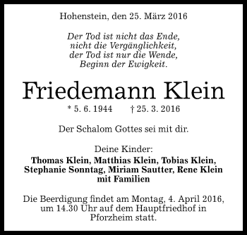 Anzeige von Friedemann Klein von Reutlinger Generalanzeiger