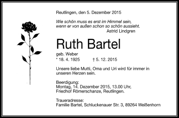 Anzeige von Ruth Bartel von Reutlinger Generalanzeiger