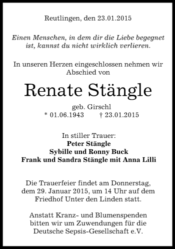 Anzeige von Renate Stängle von Reutlinger Generalanzeiger