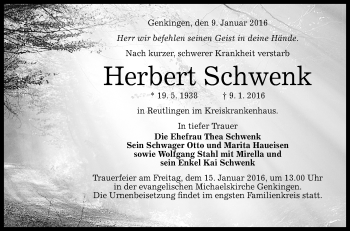 Anzeige von Herbert Schwenk von Reutlinger Generalanzeiger
