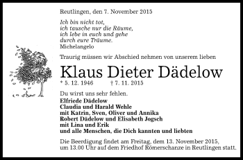 Anzeige von Klaus Dieter Dädelow von Reutlinger Generalanzeiger