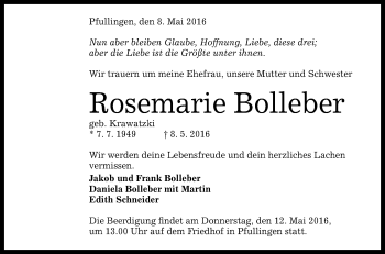 Anzeige von Rosemarie Bolleber von Reutlinger Generalanzeiger