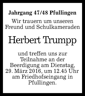 Anzeige von Herbert Trumpp von Reutlinger Generalanzeiger