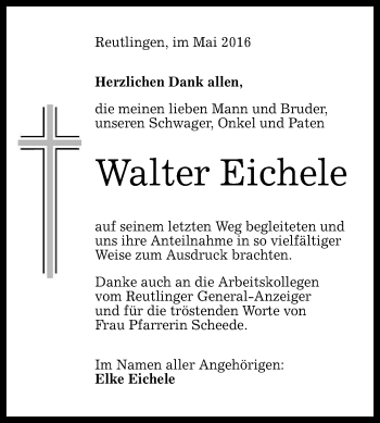 Anzeige von Walter Eichele von Reutlinger Generalanzeiger