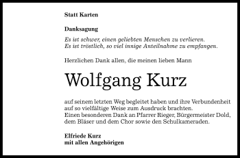 Anzeige von Wolfgang Kurz von Reutlinger Generalanzeiger