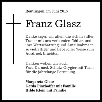 Anzeige von Franz Glasz von Reutlinger Generalanzeiger