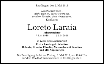 Anzeige von Loreto Laraia von Reutlinger Generalanzeiger