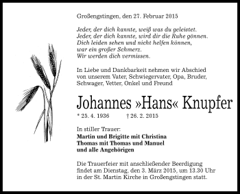 Anzeige von Johannes Knupfer von Reutlinger Generalanzeiger