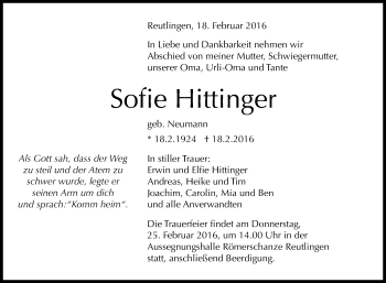 Anzeige von Sofie Hittinger von Reutlinger Generalanzeiger