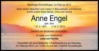Anzeige von Anne Engel von Reutlinger Generalanzeiger