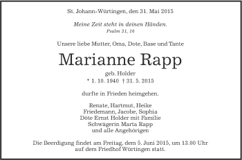 Anzeige von Marianne Rapp von Reutlinger Generalanzeiger