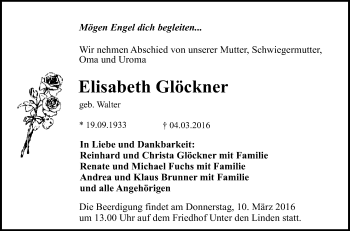 Anzeige von Elisabeth Glöckner von Reutlinger Generalanzeiger