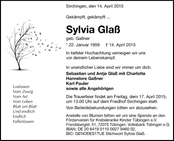 Anzeige von Sylvia Glaß von Reutlinger Generalanzeiger