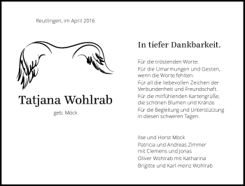 Anzeige von Tatjana Wohlrab von Reutlinger Generalanzeiger