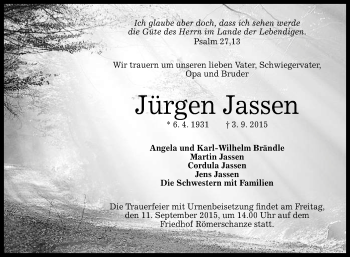 Anzeige von Jürgen Jassen von Reutlinger Generalanzeiger