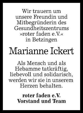 Anzeige von Marianne Ickert von Reutlinger Generalanzeiger