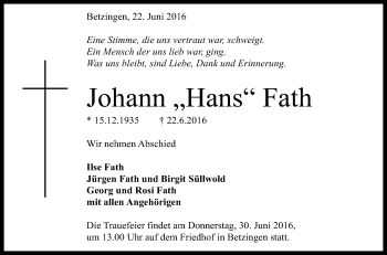 Anzeige von Johann Fath von Reutlinger Generalanzeiger