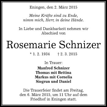 Anzeige von Rosemarie Schnizer von Reutlinger Generalanzeiger