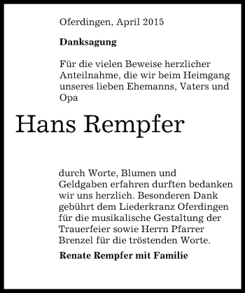 Anzeige von Hans Rempfer von Reutlinger Generalanzeiger