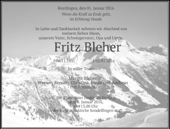Anzeige von Fritz Bleher von Reutlinger Generalanzeiger