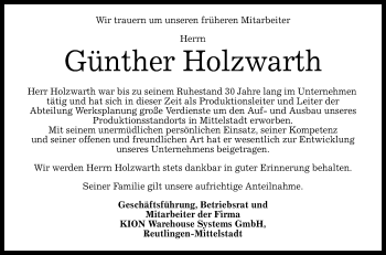 Anzeige von Günther Holzwarth von Reutlinger Generalanzeiger