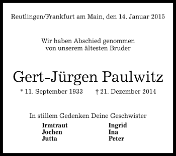 Anzeige von Gert-Jürgen Paulwitz von Reutlinger Generalanzeiger