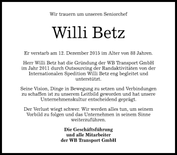 Anzeige von Willi Betz von Reutlinger Generalanzeiger
