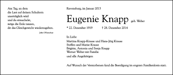 Anzeige von Eugenie Knapp von Reutlinger Generalanzeiger