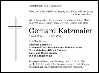Anzeige von Gerhard Katzmaier von Reutlinger Generalanzeiger