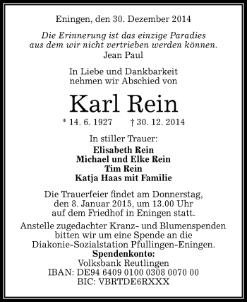 Anzeige von Karl Rein von Reutlinger Generalanzeiger