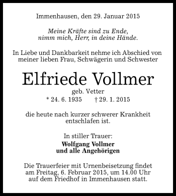 Anzeige von Elfriede Vollmer von Reutlinger Generalanzeiger