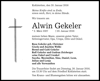 Anzeige von Alwin Gekeler von Reutlinger Generalanzeiger